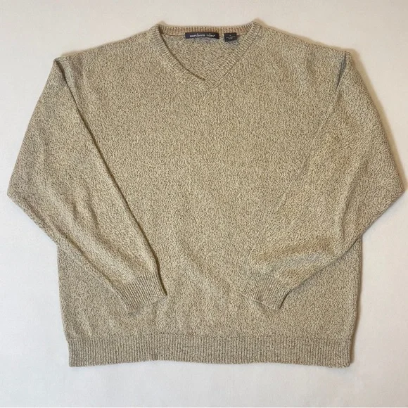 Men’s XL Textured Cotton Sweater Neutral Beige V-Neck Knit Pullover - Picture 2 of 9